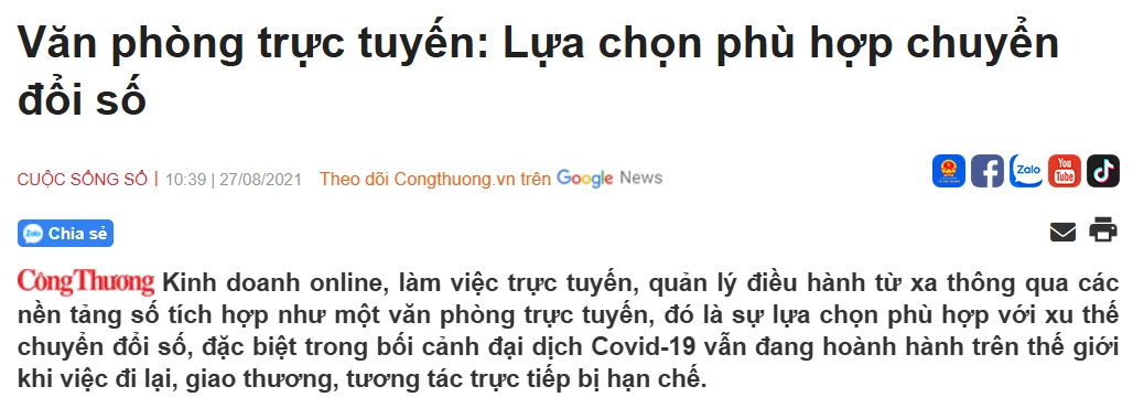 BÁO CÔNG THƯƠNG NÓI GÌ VỀ “VĂN PHÒNG TRỰC TUYẾN: GIẢI PHÁP TỔ CHỨC, ĐIỀU HÀNH CÔNG VIỆC TỪ XA”?
